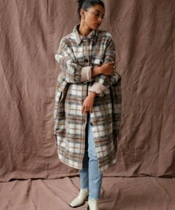 PIPE AND ROW NEW IN QUILTED BLAKE PLAID COAT COFFEE