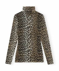 GANNI SPRING '22 LEOPARD PRINT MESH LONG SLEEVE
