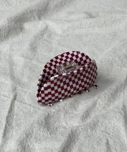 PIPE AND ROW ASYMMETRICAL HAIR CLAW BURGUNDY CHECK